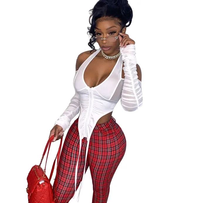 

Wholesale Hot Sale Lace Mesh Transparent White Plain Ladies Tops Sexy Short Design Blouses Long Sleeve Crop Top Blouse Women