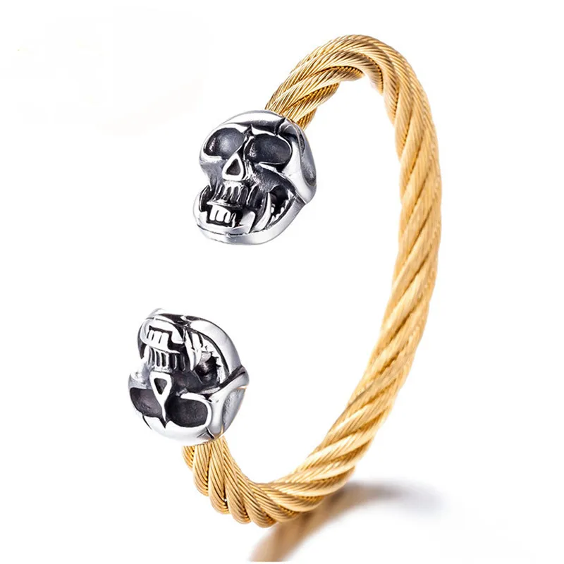 

Wholesale Vintage Open Wire Bracelet Gold Stainless Steel Skull Twisted Rope Cable Cuff Bangle Bracelet