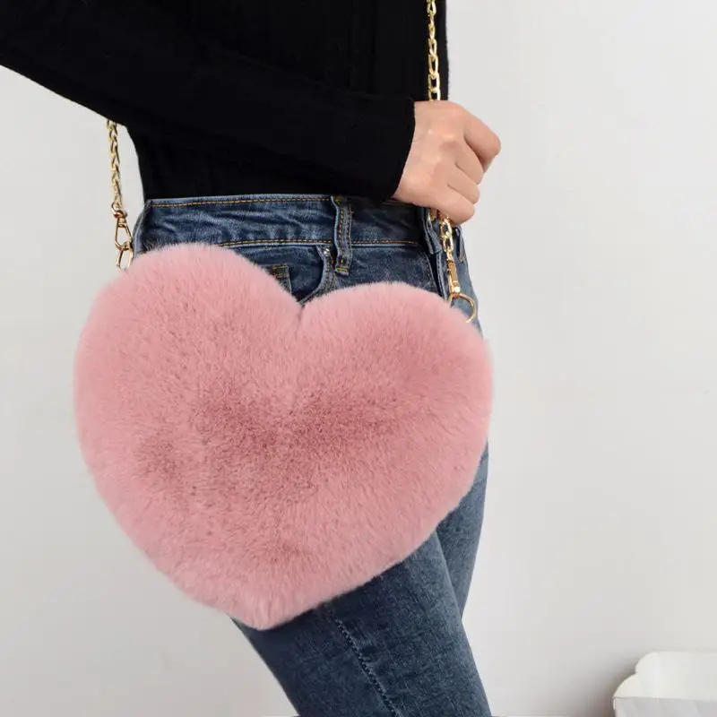 

Fashion Women's Heart Shaped Faux Fur Crossbody Wallet Purse Chain Shoulder Bag Lady Handbag, As the pics
