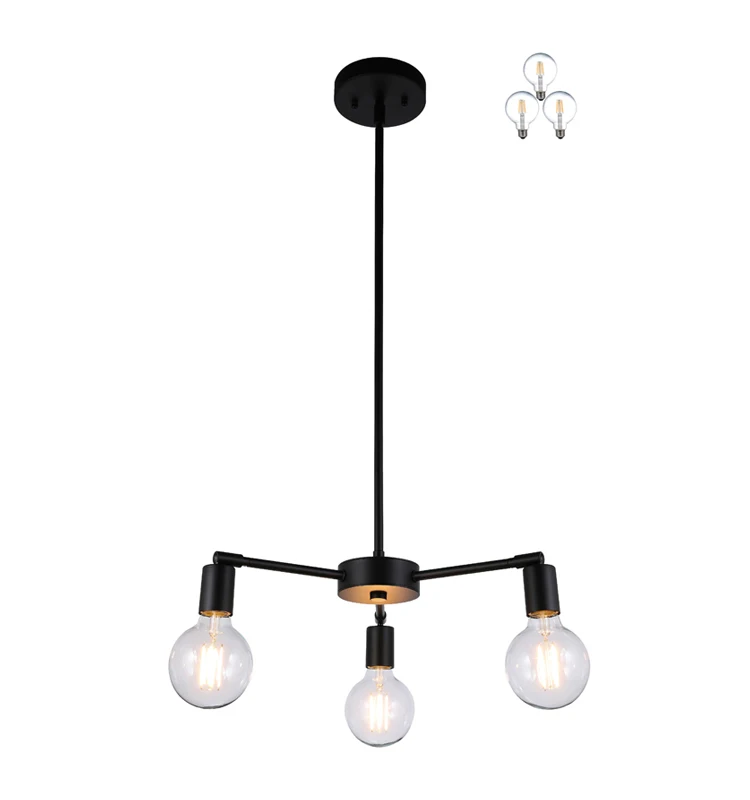 Modern Pendant Lighting, 3 Light Black Chandelier hanging light with LED Bulbs for Living & Dinning Room