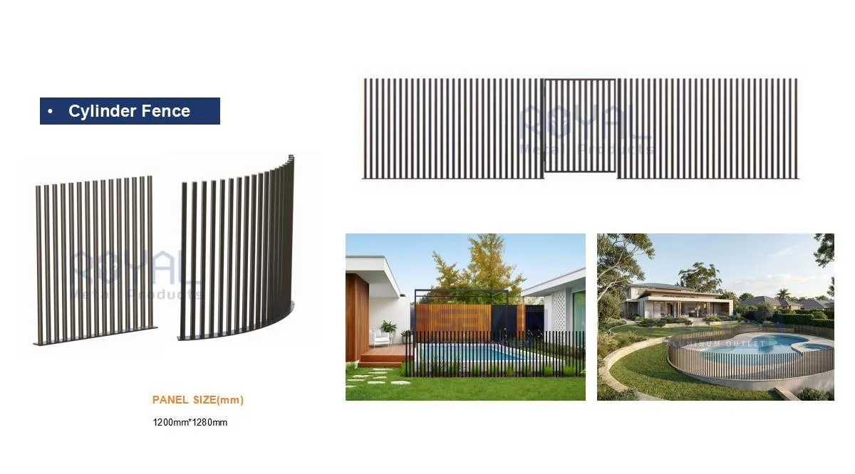 Cylinder Fence specifications — 1200x1280mm panel, curved and straight configurations, pool and luxury estate installation