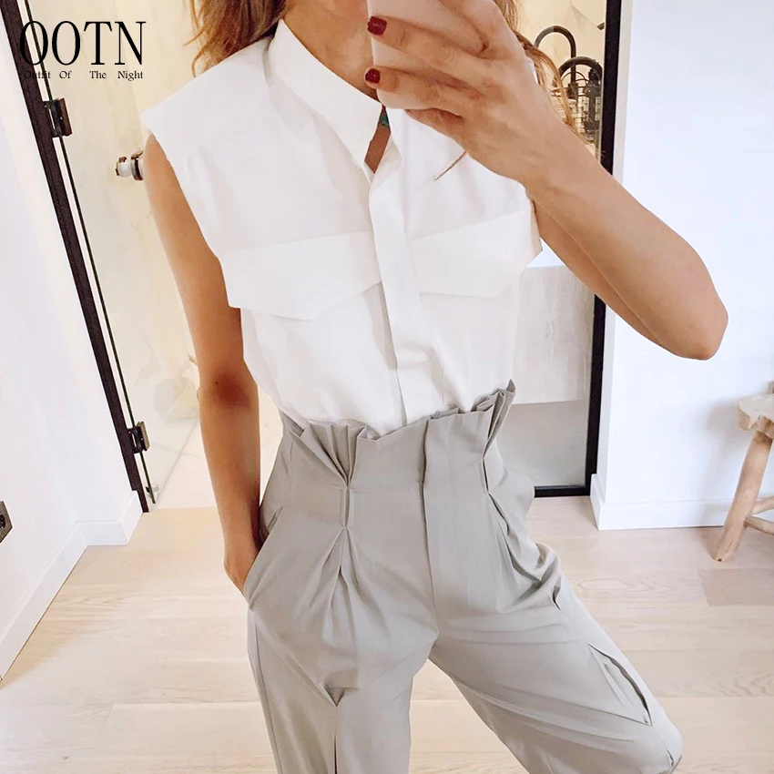 

OOTN 2020 Pocket Office Women Blouse Fashion Polyester Blusas White Sleeveless Blouse Shirt Turn Down Collar Top Summer Female