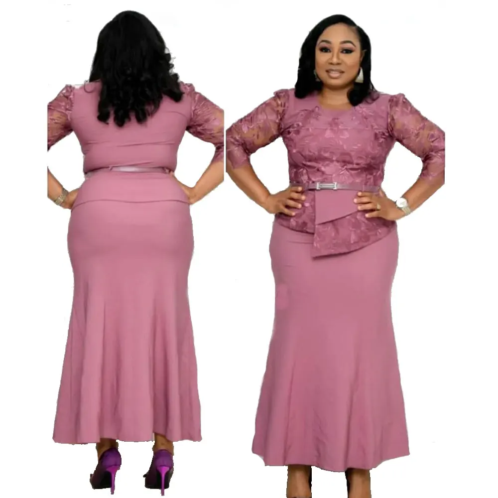

XQM Ladies Autumn Lace Patchwork African Bride Mother Long Grow Belt Dress Women Party Dress, Picture color