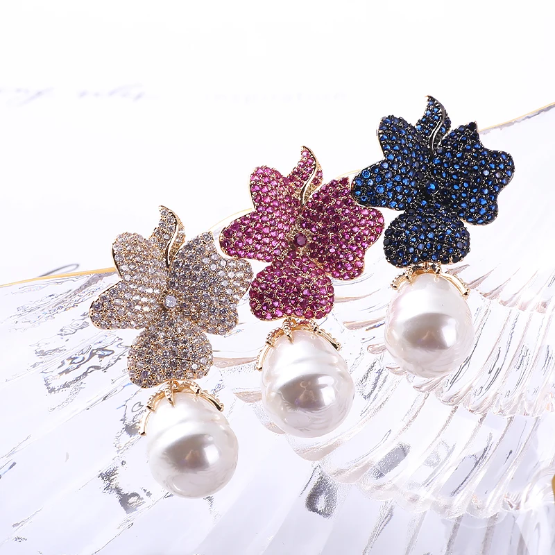 

XIUMEIYIZU Luxury Big Fresh Pearl Drop Earrings Paved Shinning Zirconia Handmade Luxury Earring Gold Plating Wedding Jewelry