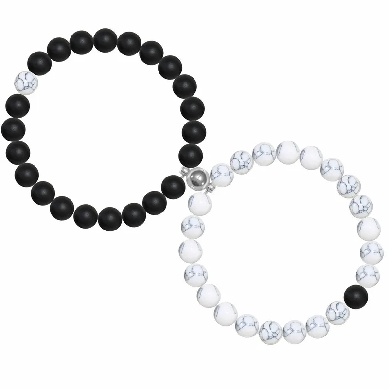 

Hot Sale White Howlite Black Matte Onyx His and Hers Couple Distance Beaded Friendship Bracelet Set with Magnetic Clasps