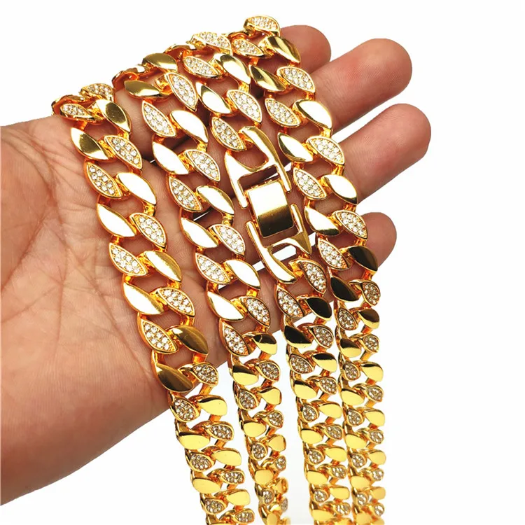 

Hip Hop Bling Interval Flat Hip Hop Super Flash Rhinestone Cuban Chain Domineering Necklace Jewelry Men and Women, Silver, gold
