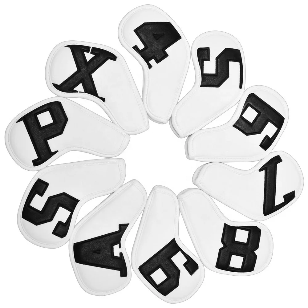 

Drop-shipping 10pcs One Set White PU Leather with Black Number Golf Irons Club Head Covers, Accept custom
