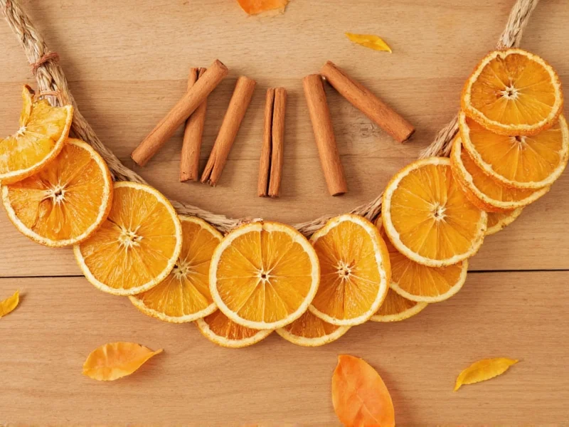 Dried orange slices strung into natural garland with cinnamon sticks