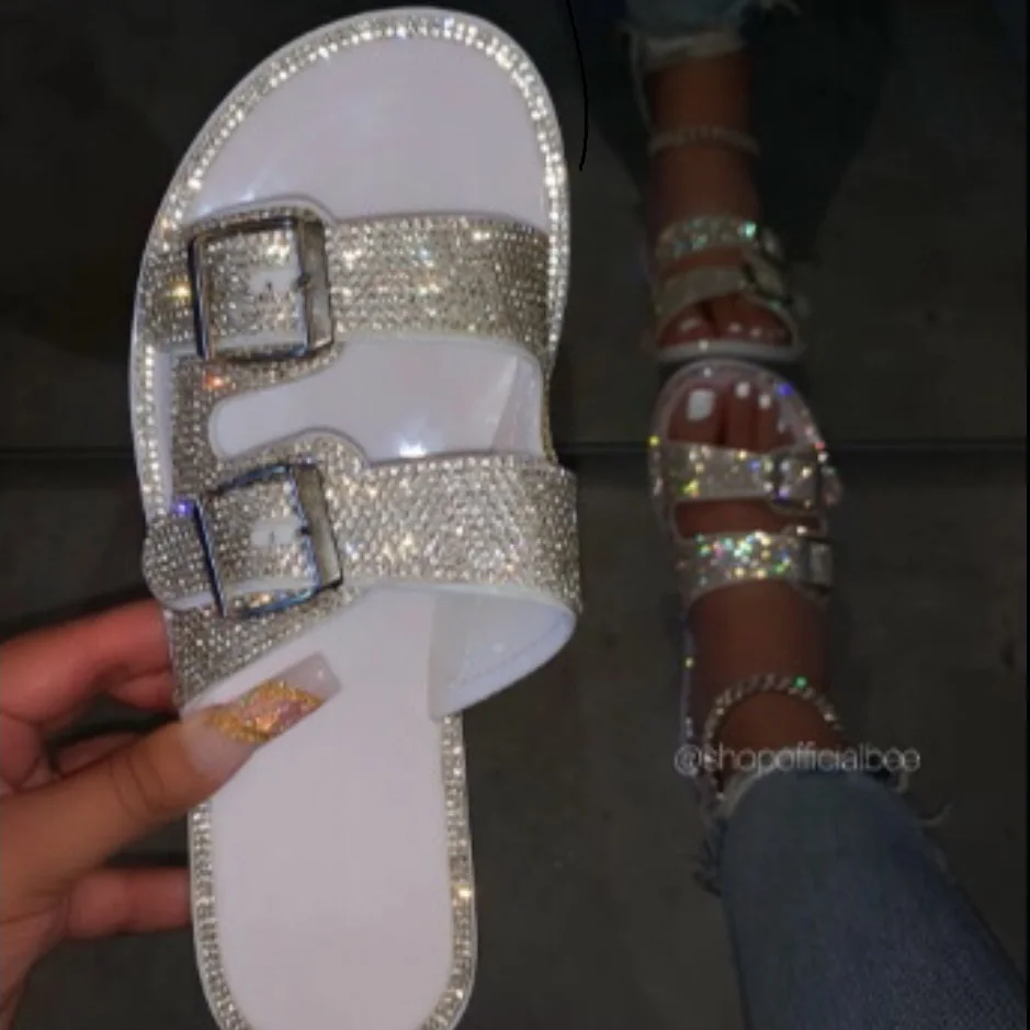 

2021 New Arrival Amazon Hot Sale Plus Size Rhinestone Lightweight Breathable Buckle Flat Sandals