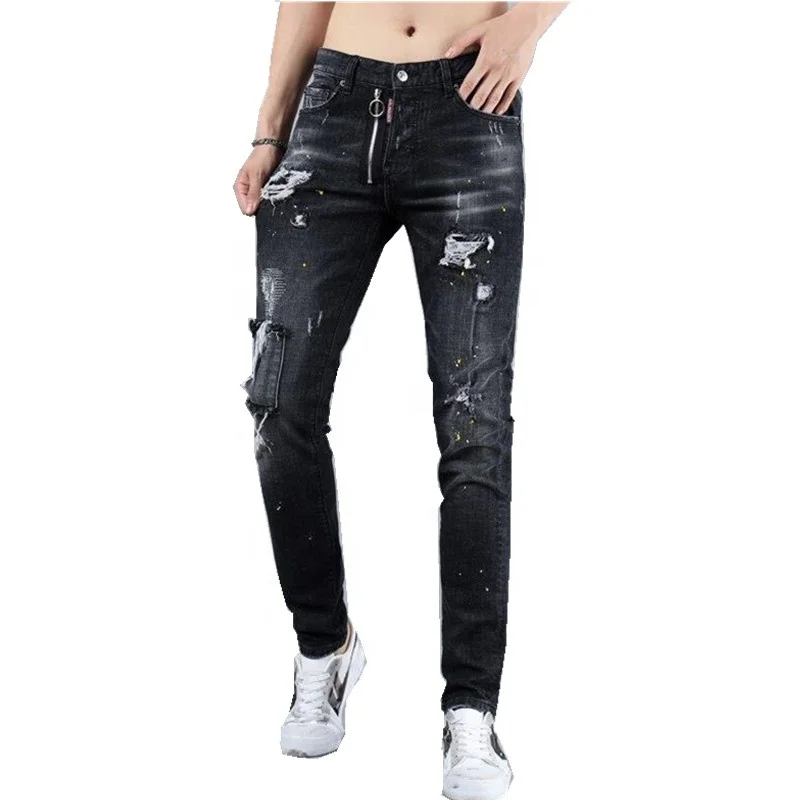 

Fashion black color paint designer destroyed ripped slim men jeans