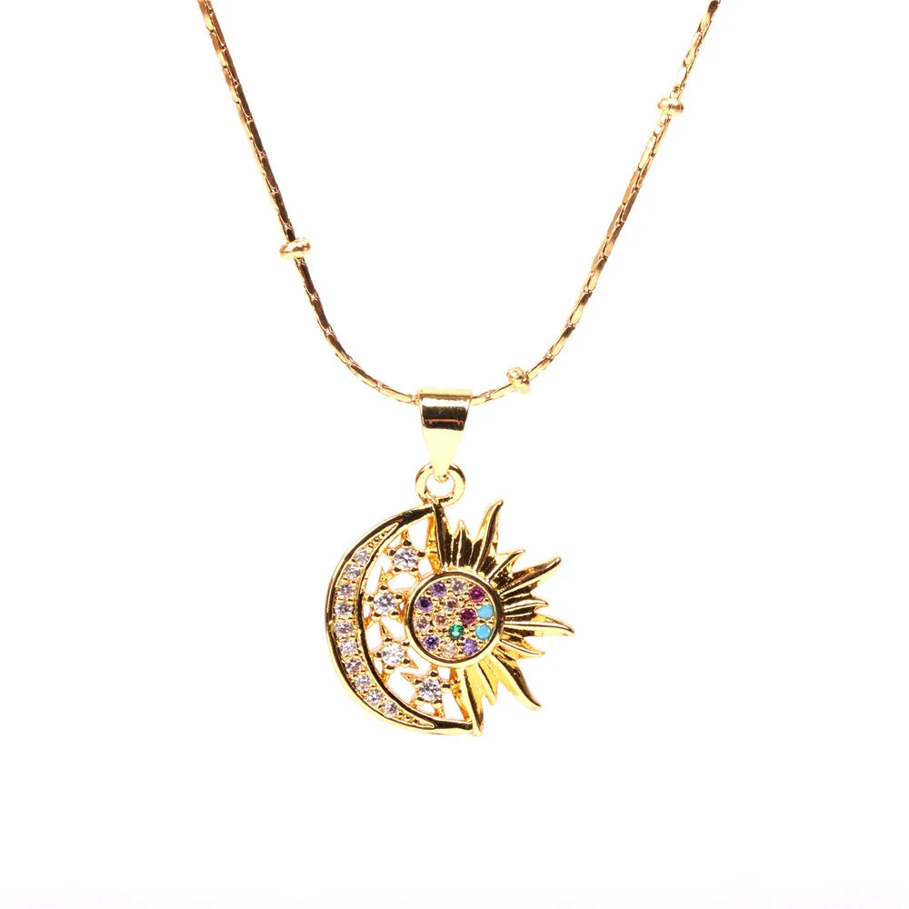 

Stainless Steel Chain 18K Gold Plated Brass Cubic Zirconia Crescent Moon and Sun Necklace Jewelry For Women