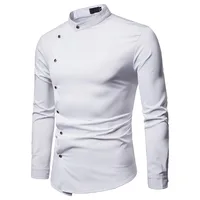 

Black Mandarin Collar Slant Button Shirt Men 2019 New Slim Fit Long Sleeve Tuxedo Dress Shirt Men Casual Wedding Chemise Homme