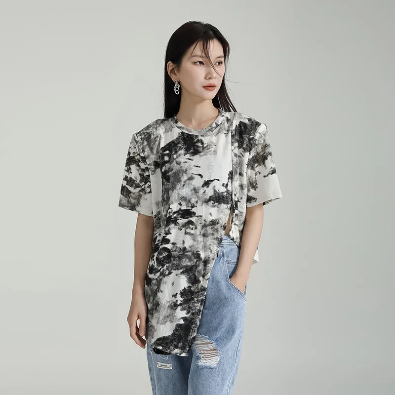 

Vintage Tie-dye Print T-shirt Women's Irregular Buttoned Summer 2023 High-Waisted Sleeve Shirt Luxury Short-Sleeved Shirt