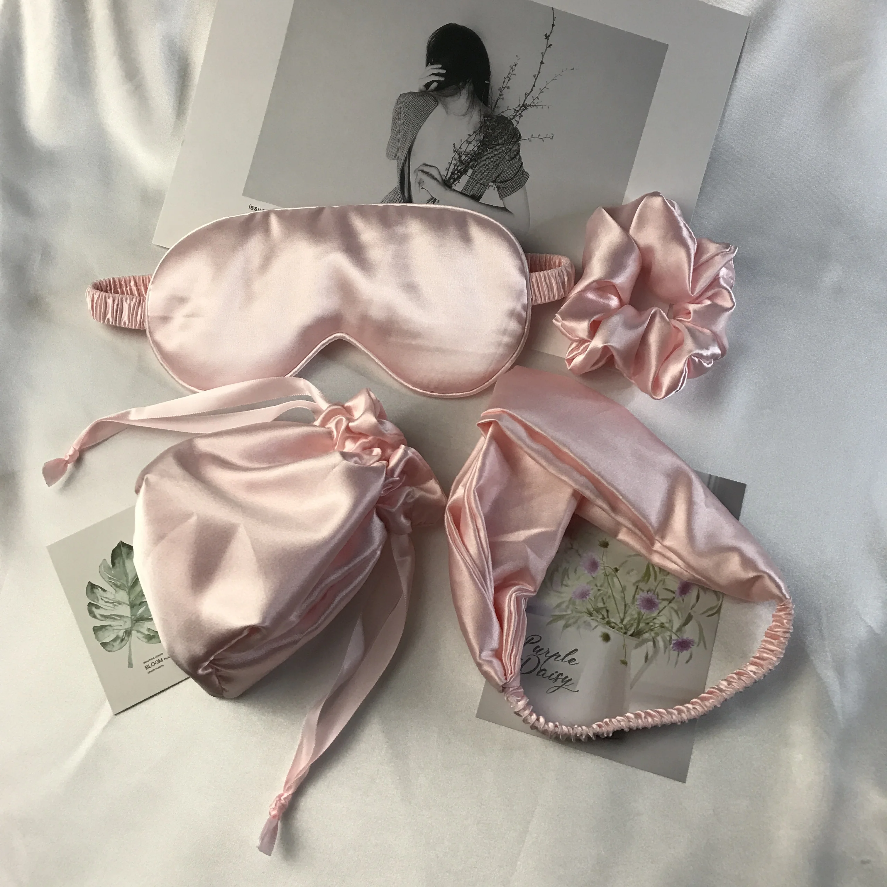 

Light Pink Travel Satin Silk Eye Sleeping Mask With Head Band Gift Bag And Hair Scrunchies For Wedding Souvenir, 128 stock colors or pantone color