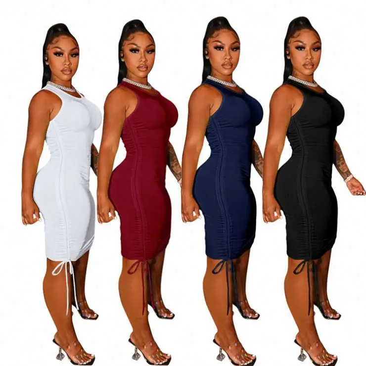 

High Quality Women Clothes 2021 Summer Sleeveless Drawstring Bodycon Dress Sexy Women Elegant Casual Dresses