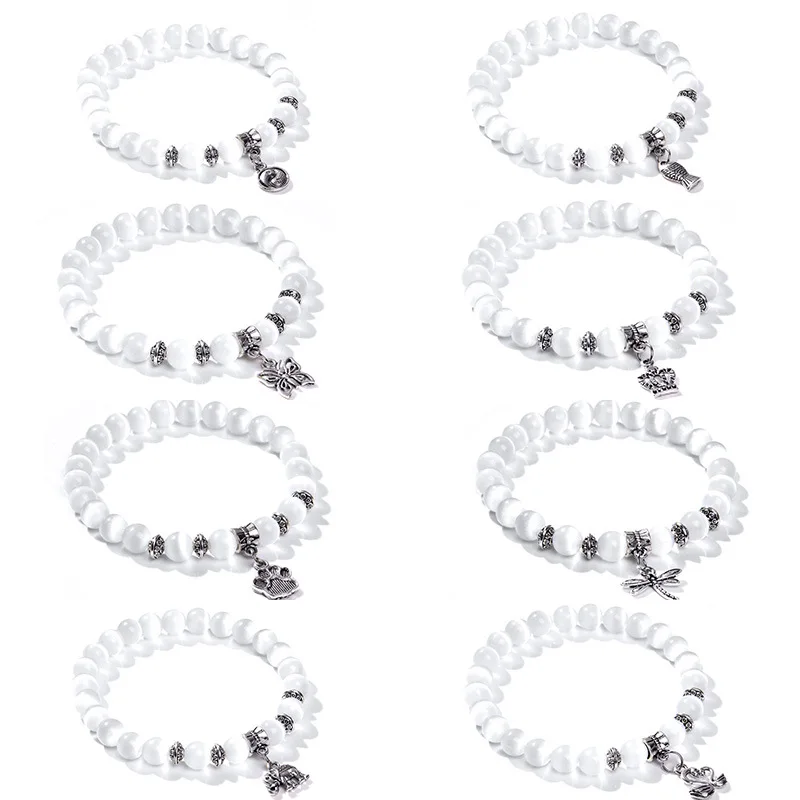 

8mm White Cat Eye Stone Beads Bracelet With Lucky Dragonfly Dog Claw Butterfly Pendant Charms Strand Bracelets For Women female