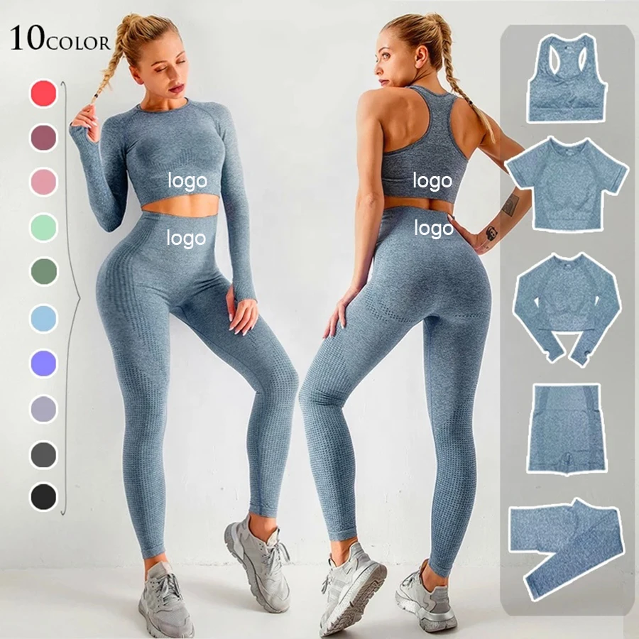 

Running Training Fitness Sportswear 2/3/5PCS Workout Suit Seamless Short Long Sleeves Crop Top Bra Shorts Leggings Gym Sets