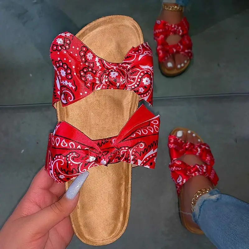 

Fashion Red Bandana Bow Slides Slippers for Women Ins Hot Sale Bowknot Sandals Summer Outdoor Beach Flat Slipper Sandal Ladies