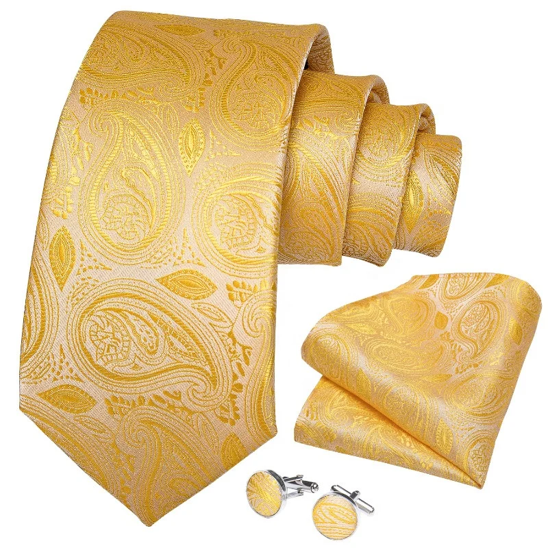 
Custom Italian Silk Men Yellow Paisley Ties and Pocket Square 