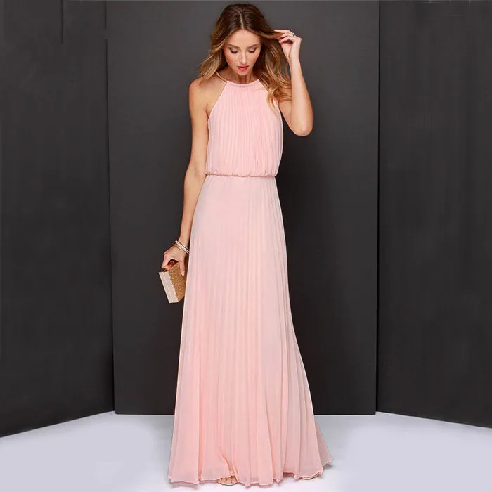 

2021 hot sale women's halter neck solid color sleeveless dress beach long skirt