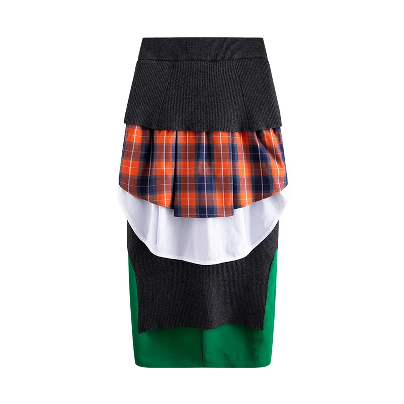 

CHICEVER Patchwork Skirt High Waist Ruffles Plaid Color Block 2020 New Fashion Designer Women Casual Skirts