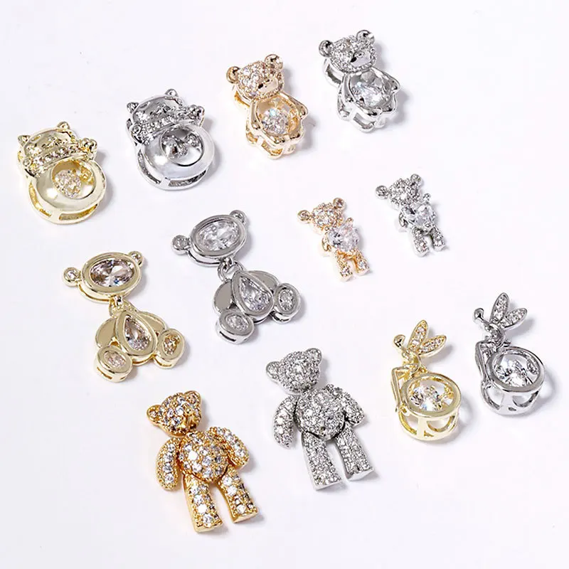 

Luxury Nail Art Charm Cubic Zircon Nail 3D Diamond Gold Plated Cute Bear Angel DIY Nail Sticker Art Decoration Finger Jewelry, Colorful