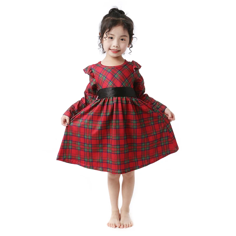 

red green plaid long sleeve Christmas baby girl dress with belt