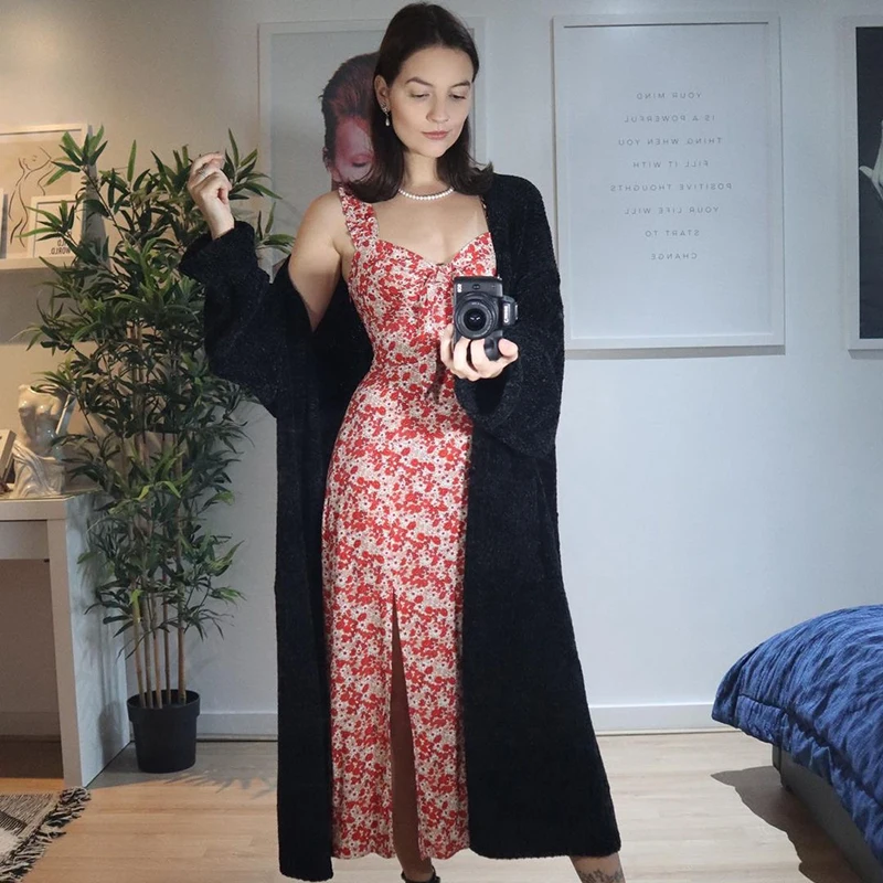 

KQ-288 Hot Style Fall Winter knitted long cardigan women solid color sweater casual coat, As picture