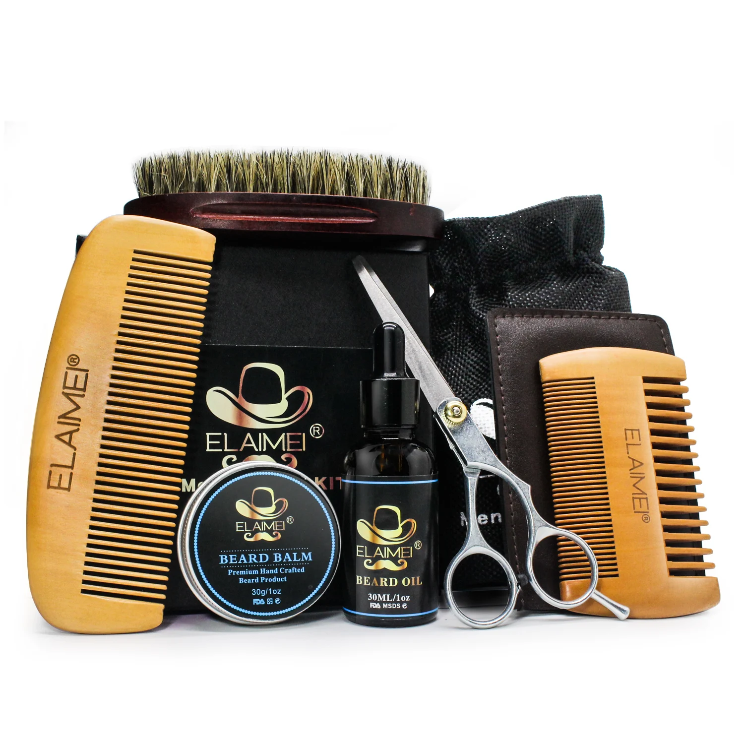 

ELAIMEI private label custom logo grooming mens beard care set kitbeard brush and comb setmen gift beard set