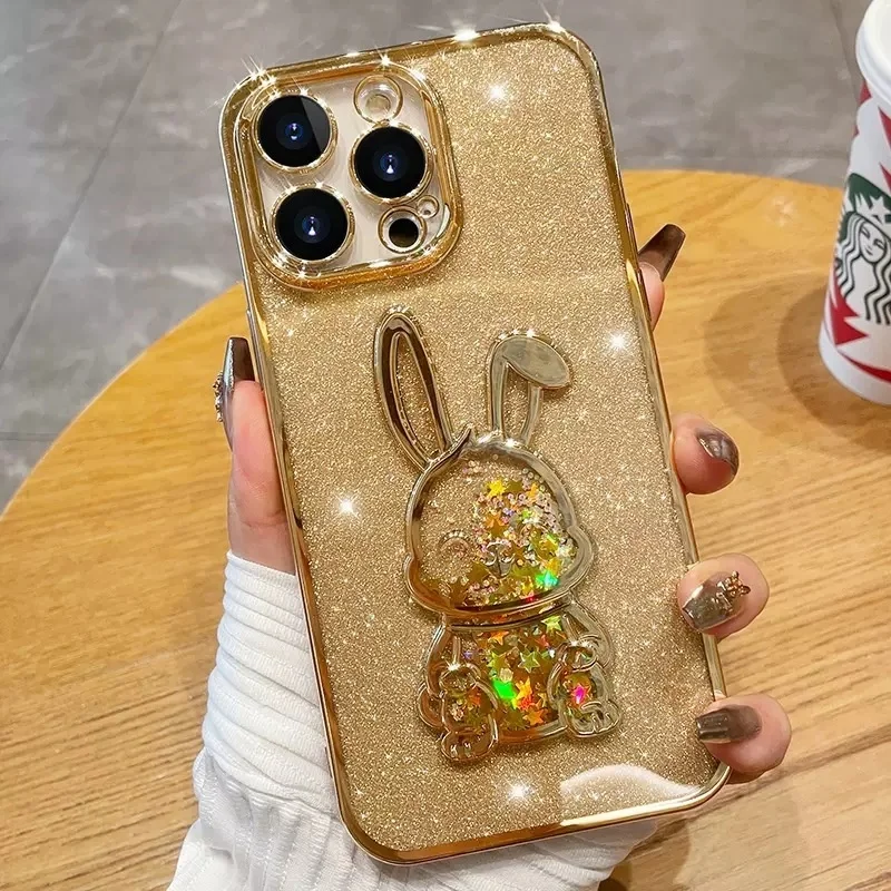 

WOWCASE Hot Sale Electroplated TPU flash phone cover 3D rabbit quicksand back case For iPhone 11 12 pro 13 14 pro max