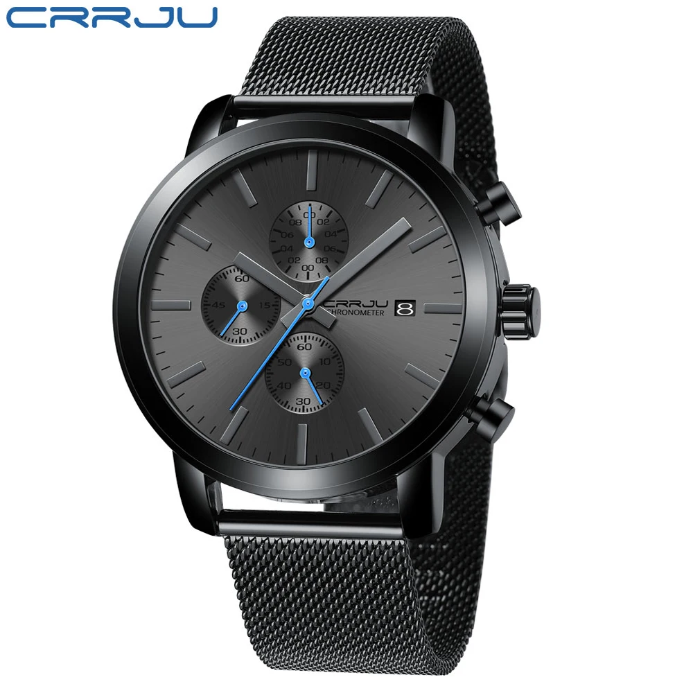 

crrju 2287 new model OEM mesh bands chronograph men black watches uhren men, 3 colors