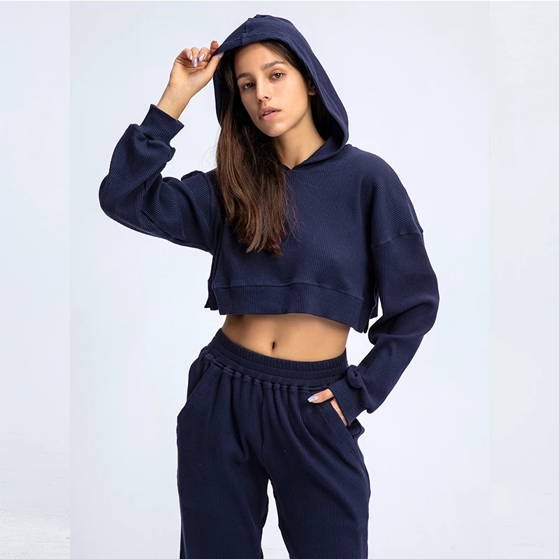 

Branding and dropshipping 2021 New two piece ribbed cotton casual loose fit crop top hoodies set summer outfits for women, 4 color
