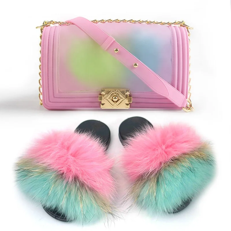 

2021 hotsale colorful purse and fur slides two piece set for women