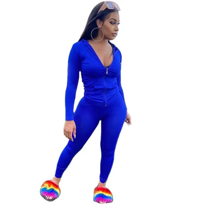 

2021 Hot Sale Women's Clothing Zipper Long Sleeve Hooded Solid Color Sweatsuit Women Jogger Suit Set Jumpsuits Women's Suits