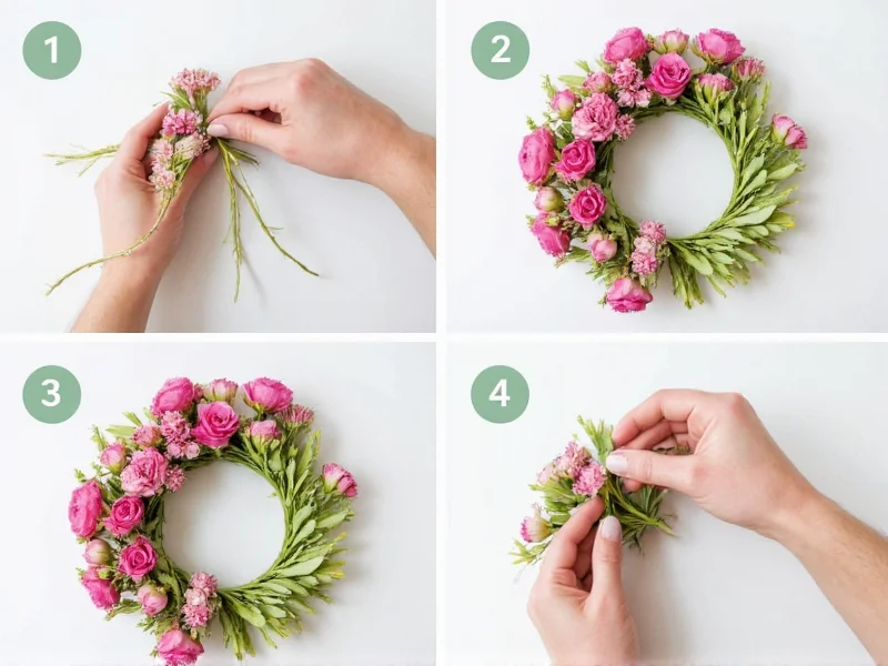 Step-by-step DIY floral arrangement process showing spiral technique