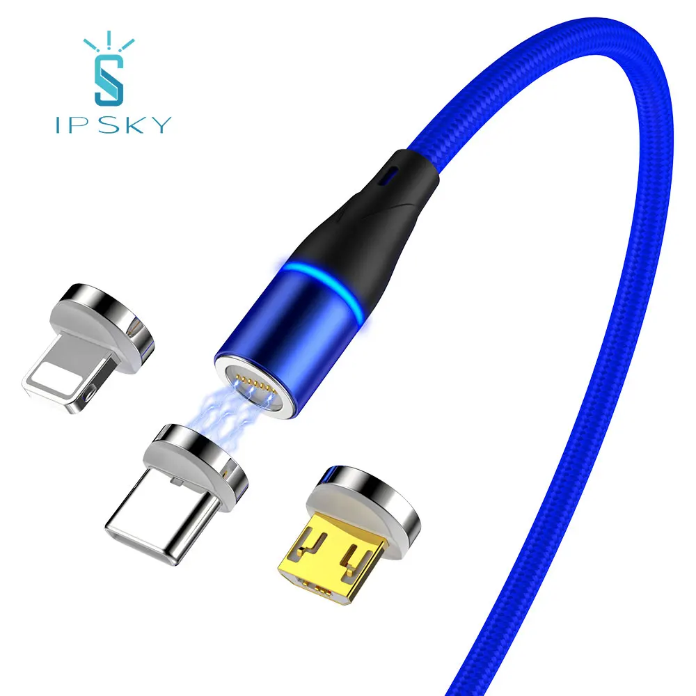 

IPSKY Factory price high selling for iphone data cable nylon fabric 2.4a fast charging 3 in 1 magnetic led usb charging cable