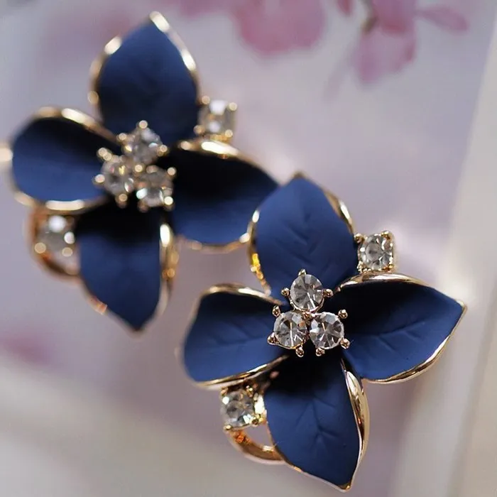 

wholesale 4 colors oil drip clip on earrings crystal camellia flower earrings for woman