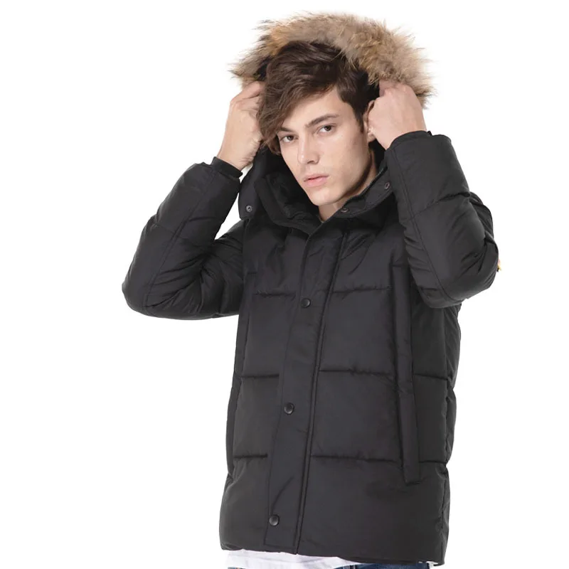 

Wholesale man winter fur collar coats solid color windproof keep warm black cotton jacket for men clothing
