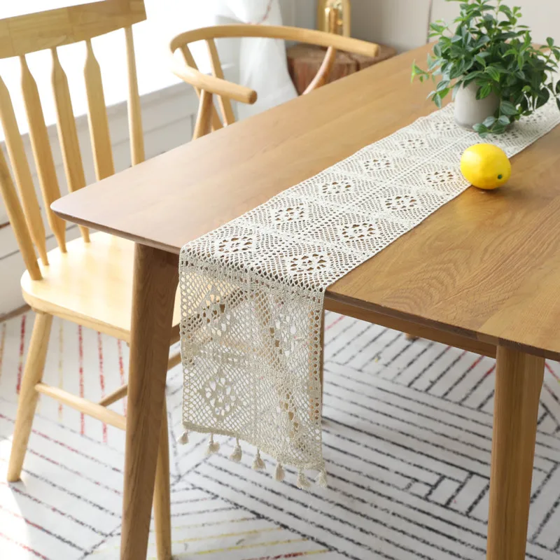 

Crochet Hollow Lace Table Runner Tassels Beige 100% Cotton Wedding Decor Tablecloth Nordic Romance Table Cover Coffee Runners