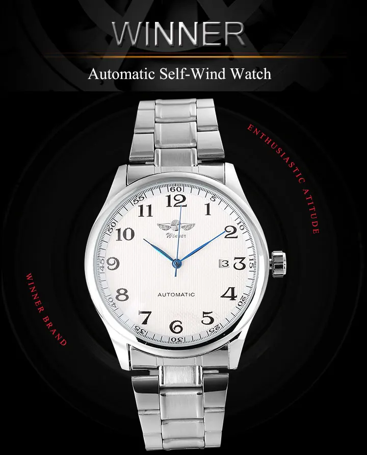 WINNER Fashion Casual Men Mechanical Watches Stainless Steel Band Silver case Luxury Automatic Wristwatches Relogio Masculino