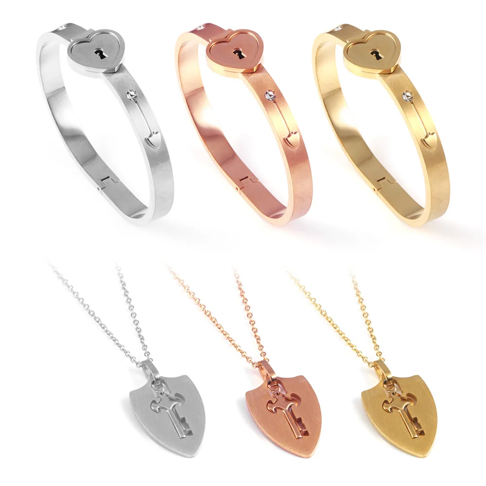 

Couple Steel Style 2 Set Stainless Steel Necklace Lock Key Couple Necklace Bracelets set, Colorful