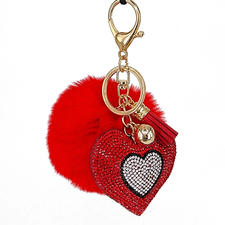 Wholesale Bag Accessories Cute Heart Crystal Puff Keychains Custom