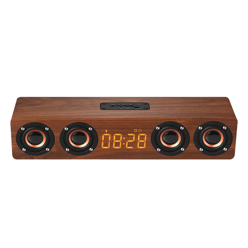 

high quality upgraded high quality wooden 4-speaker BT wireless speaker with alarm clock, Yellow wood grain, brown wood grain