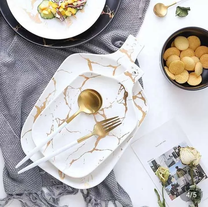 

Marble luxury porcelain home gold pattern ceramic tableware plate tray bowl dinnerware set European, Customized color