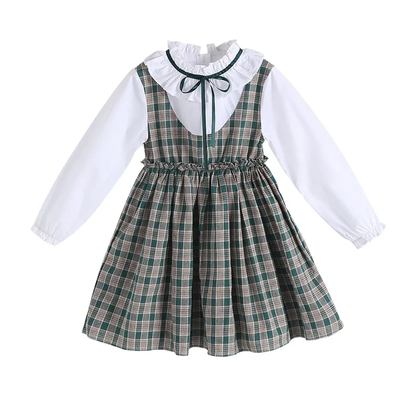 

Preppy Style Girl Lace Stand-Up Collar Shirt False Two-Piece Pinafore Check Dress