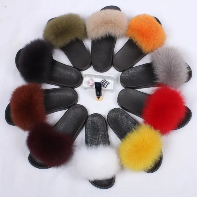 

Factory custom wholesale fashion non-slip large multicolor real fox fur stripes ladies fluffy house summer slippers, Customized color