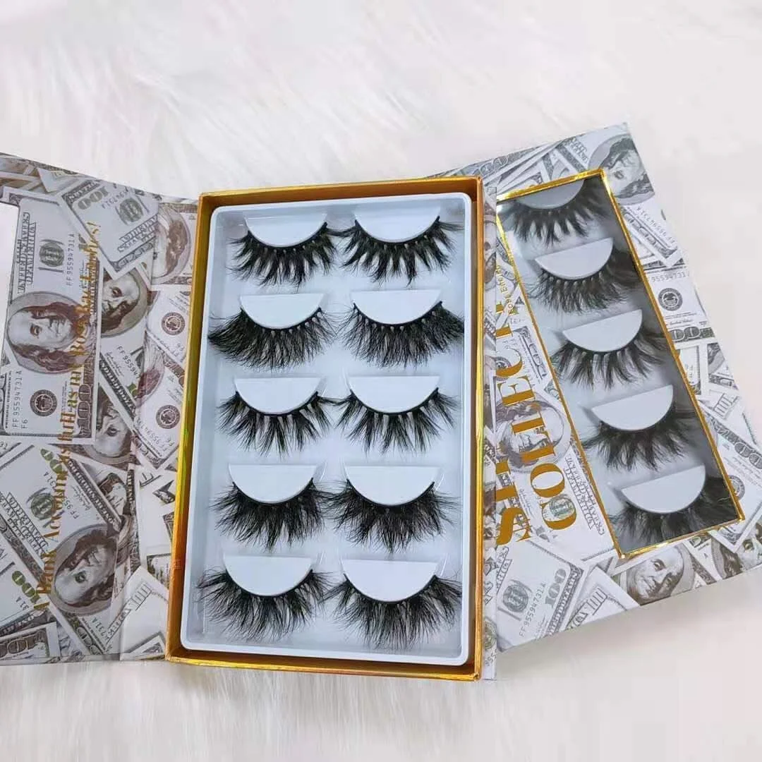 

amazon ins hot selling private label 5 pair real 25mm 3d 4d 5d 6d mink false eyelashes with private label sticker packaging box, Natural black