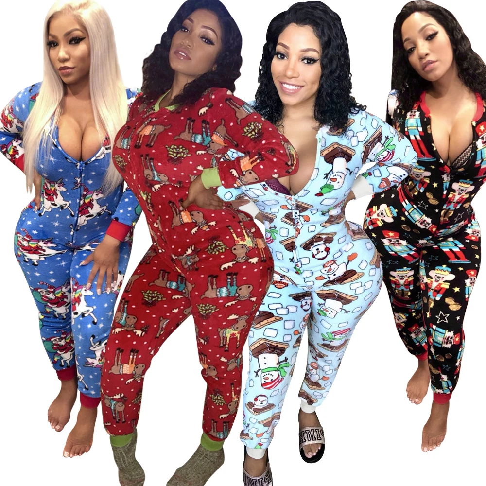 

Wholesale Custom Long Sleeves Jumpsuit Pajama Onsie Adult Womens Butt Flap Christmas Onesie With Flap, 4 patterns