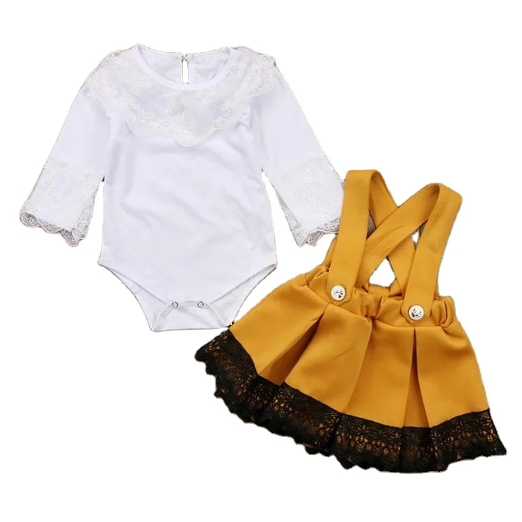 

lyc-155 Baby Girl Clothes Set Spring Autumn Lace Patchwork Romper Tops Bow suspenders Skirt Newborn Clothing Outfits 0-24M