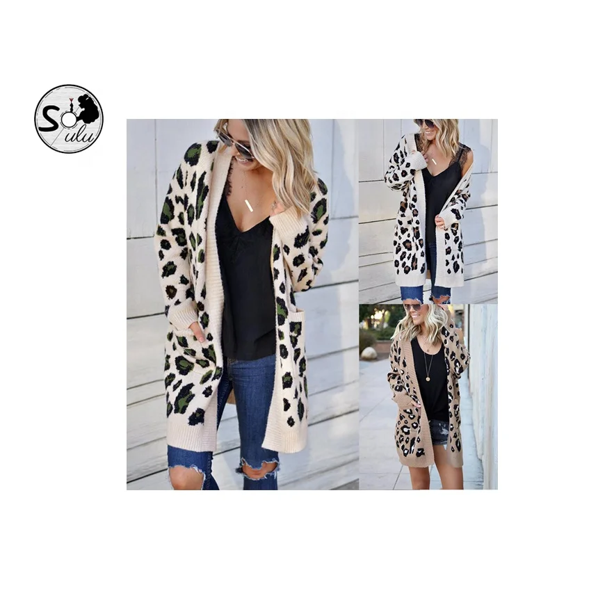 

2021 autumn and winter foreign trade new style women's knitted sweater fashion three-color leopard sweater cardigan, Customized color